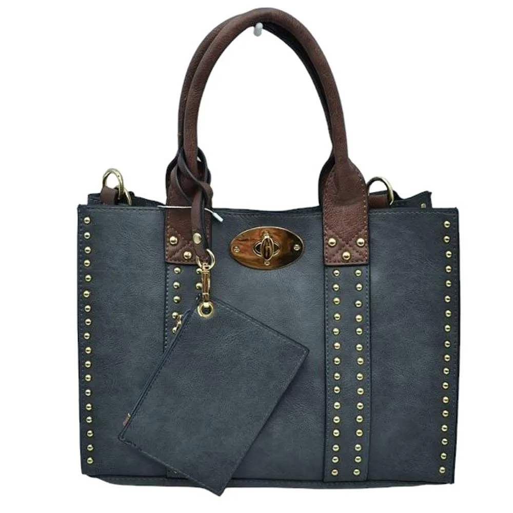 3 In 1 Faux Leather Top Handle Tote Bag With Purse