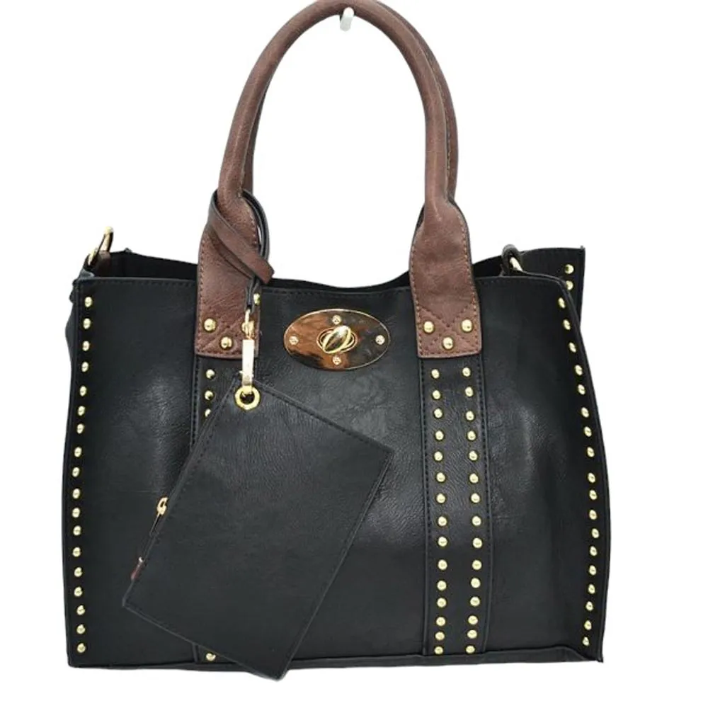 3 In 1 Faux Leather Top Handle Tote Bag With Purse