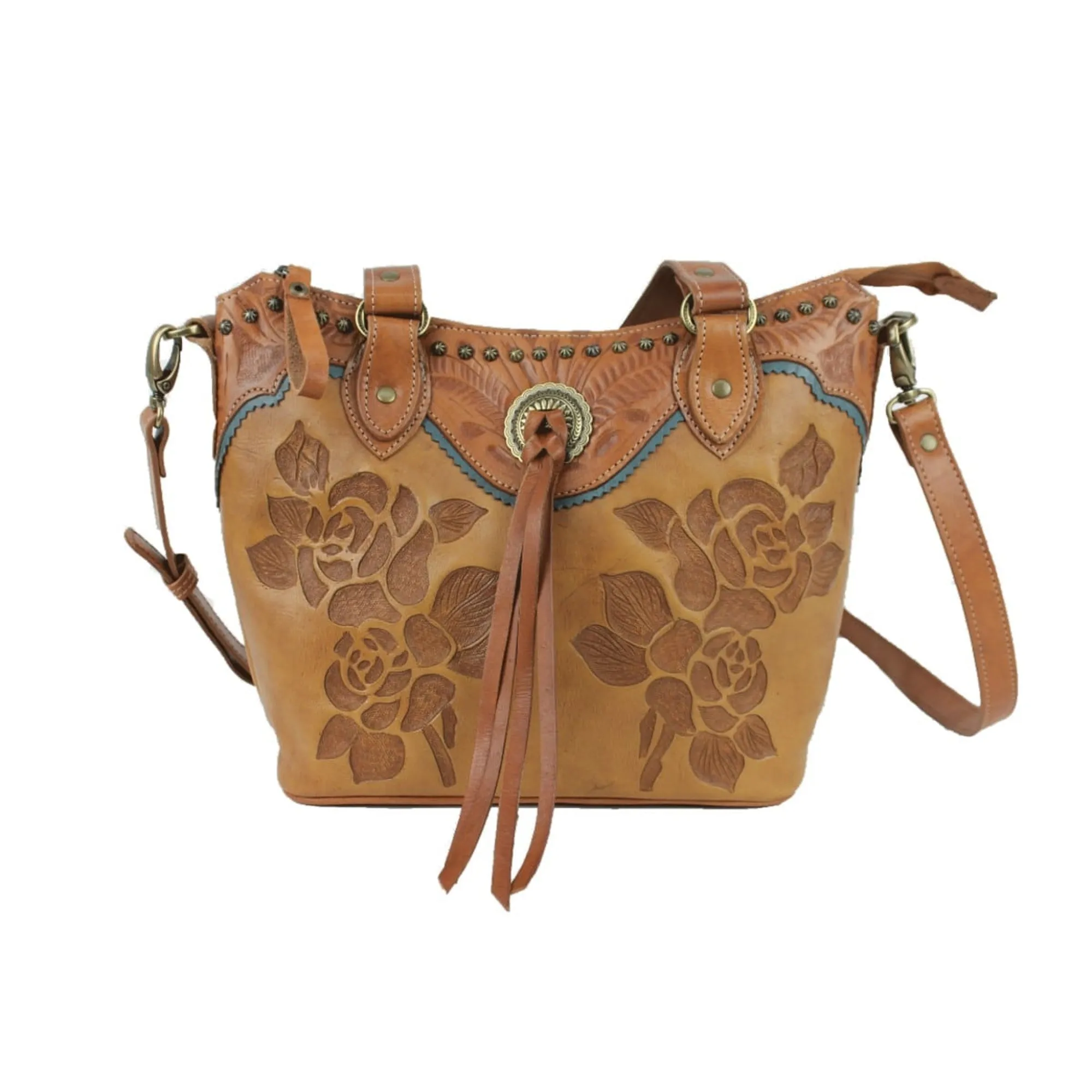 American West Texas Rose Natural Tan Leather Small Bucket Tote