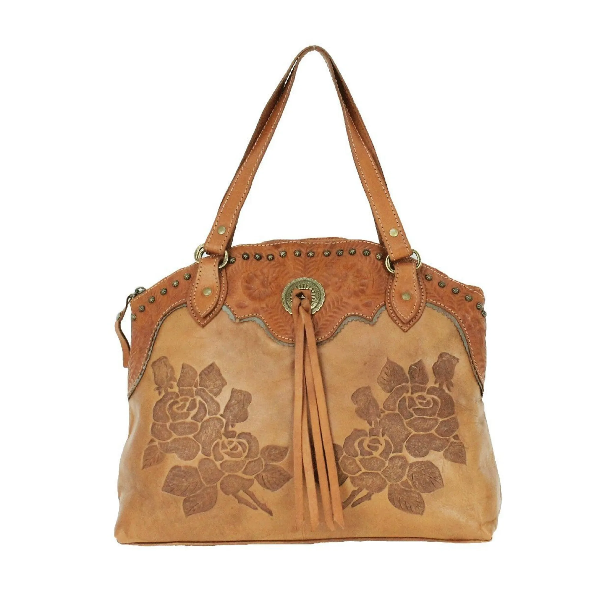 American West Texas Rose Natural Tan Leather Zip Top Tote