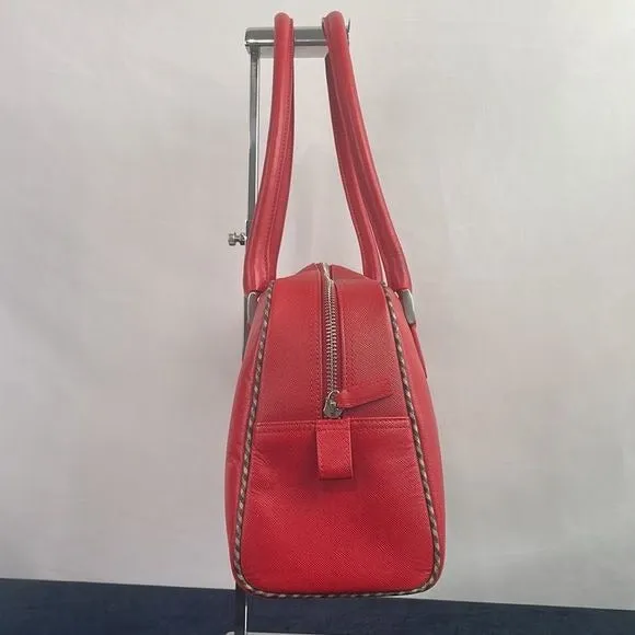 Aquascutum Red Leather Plaid Trim Satchel