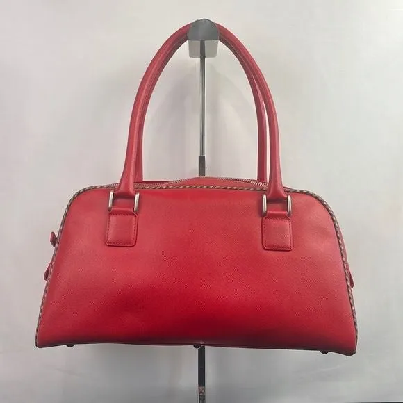 Aquascutum Red Leather Plaid Trim Satchel