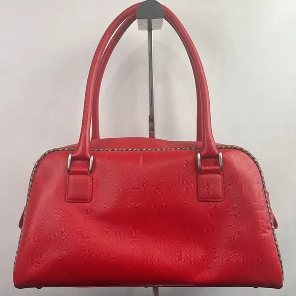 Aquascutum Red Leather Plaid Trim Satchel