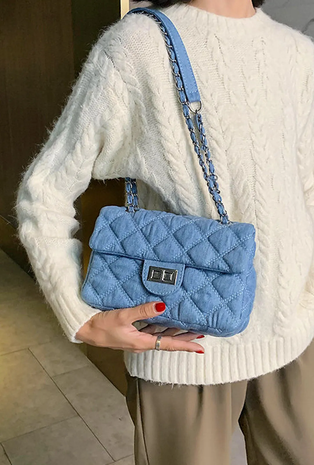 CHANIQUE - DENIM QUILT SHOULDER BAG