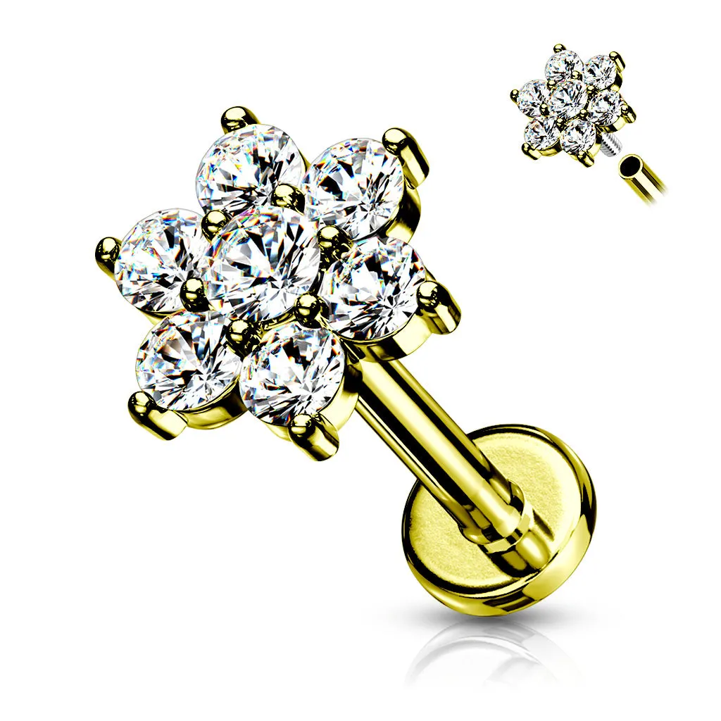 CZ Paved Flower Top Flat Back Stud - Gold