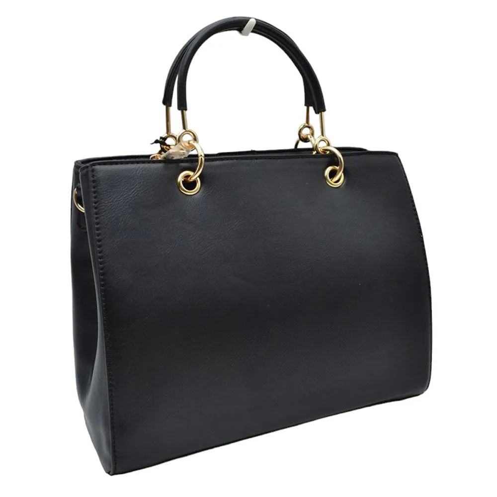 Faux Leather Metal Link Round Top Handle Tote Bag