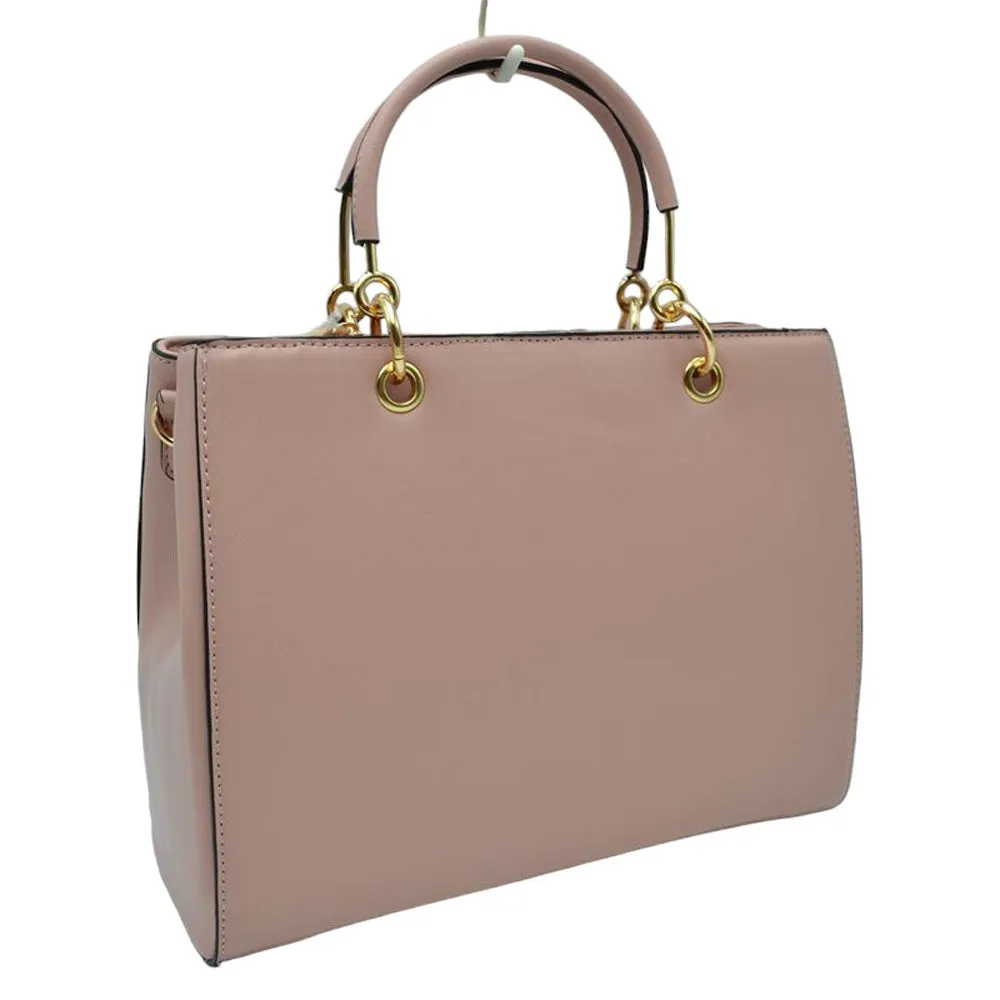 Faux Leather Metal Link Round Top Handle Tote Bag