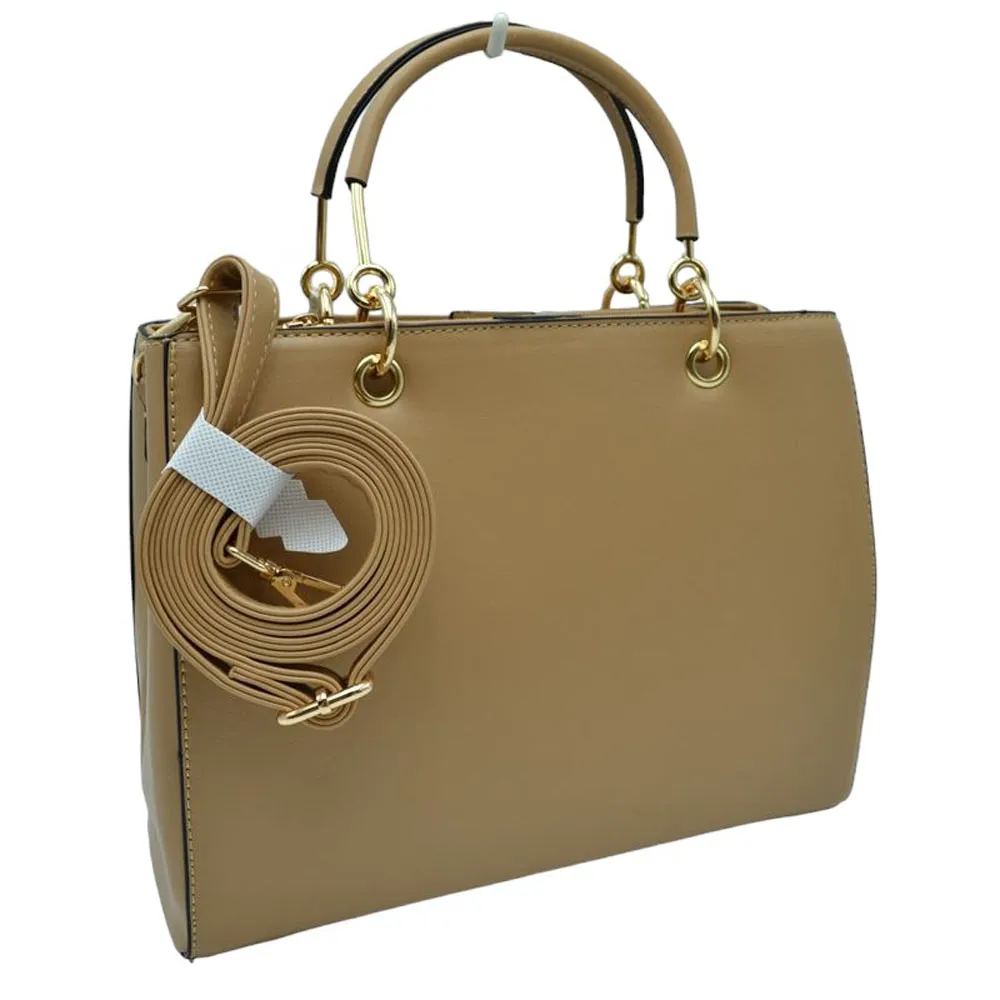 Faux Leather Metal Link Round Top Handle Tote Bag