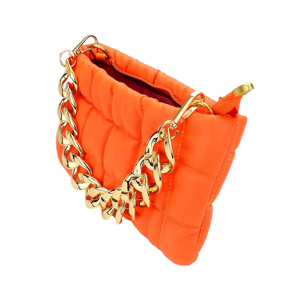 Faux Leather Padded Shoulder Crossbody Bag With Chain Strap