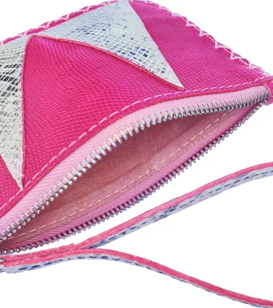 MARTE EGELE MIXED PINK VIVIAN FLAT POUCH, Handwoven Cross Stitch Edges Fully lined in Suede