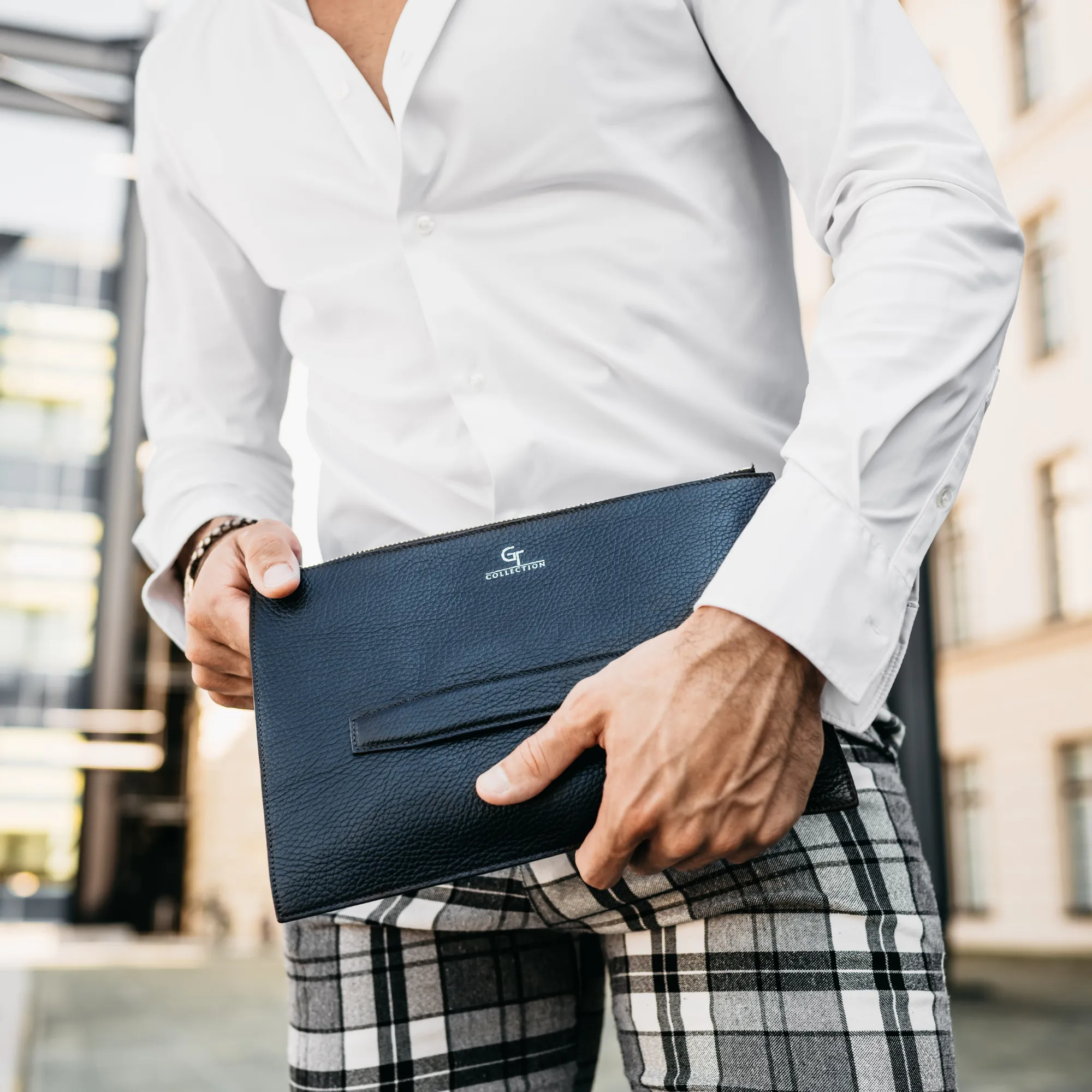 Men's Leather Clutch Bag - Blue with golden details