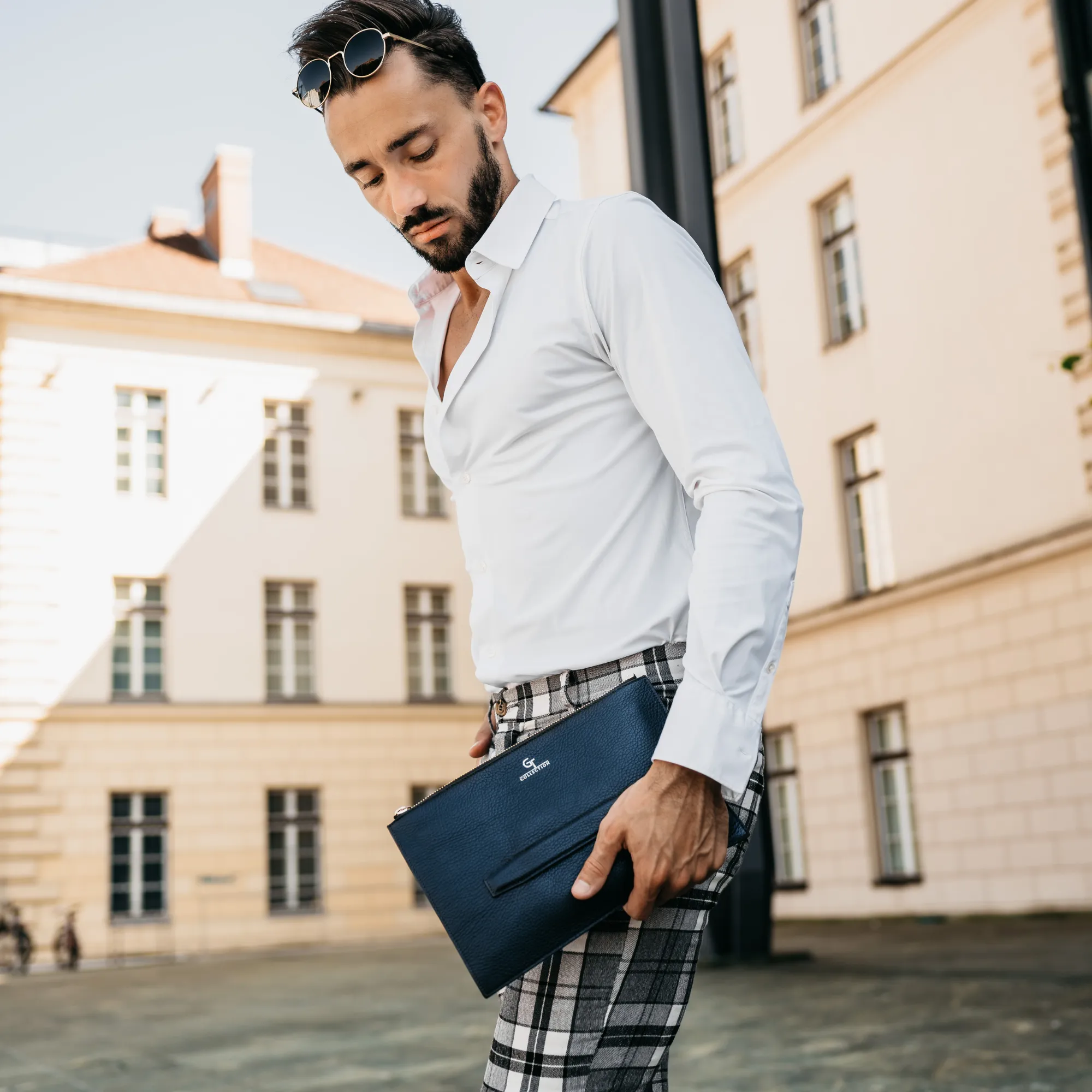 Men's Leather Clutch Bag - Blue with golden details