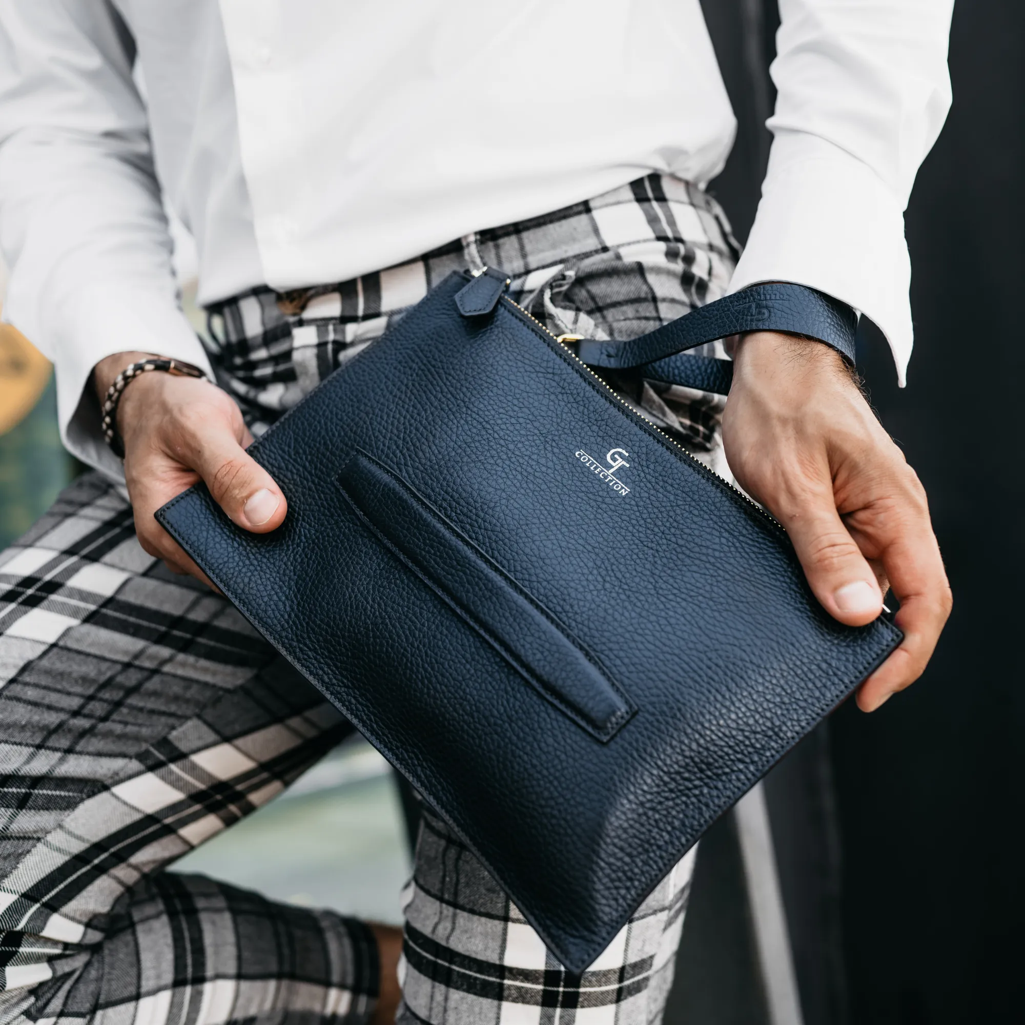 Men's Leather Clutch Bag - Blue with golden details