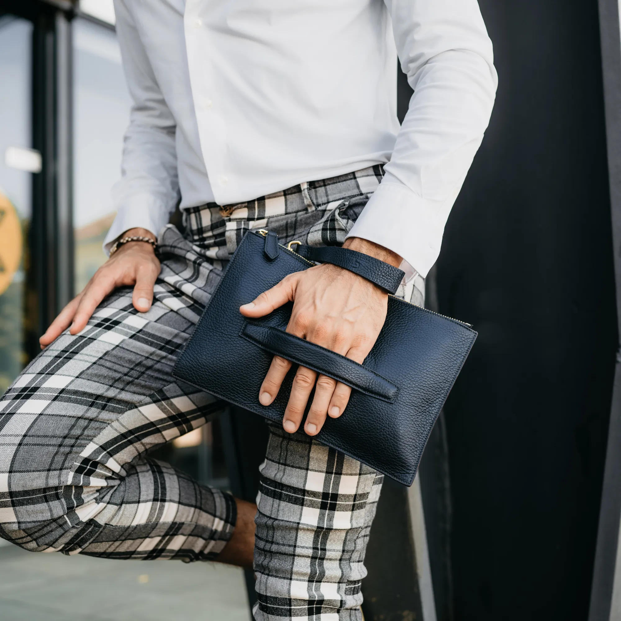 Men's Leather Clutch Bag - Blue with golden details