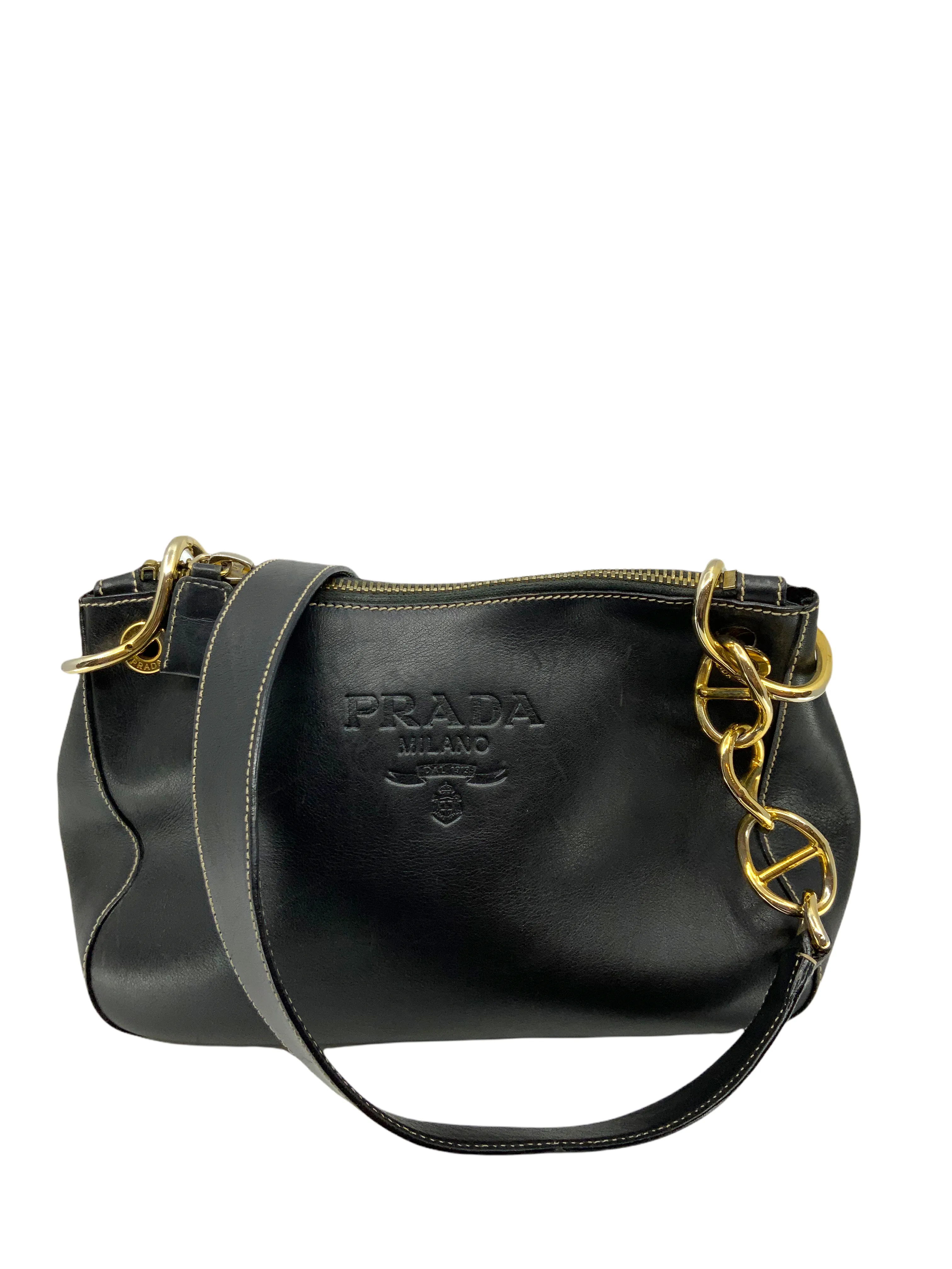 Prada Logo Embossed Leather Chain Link Shoulder Bag