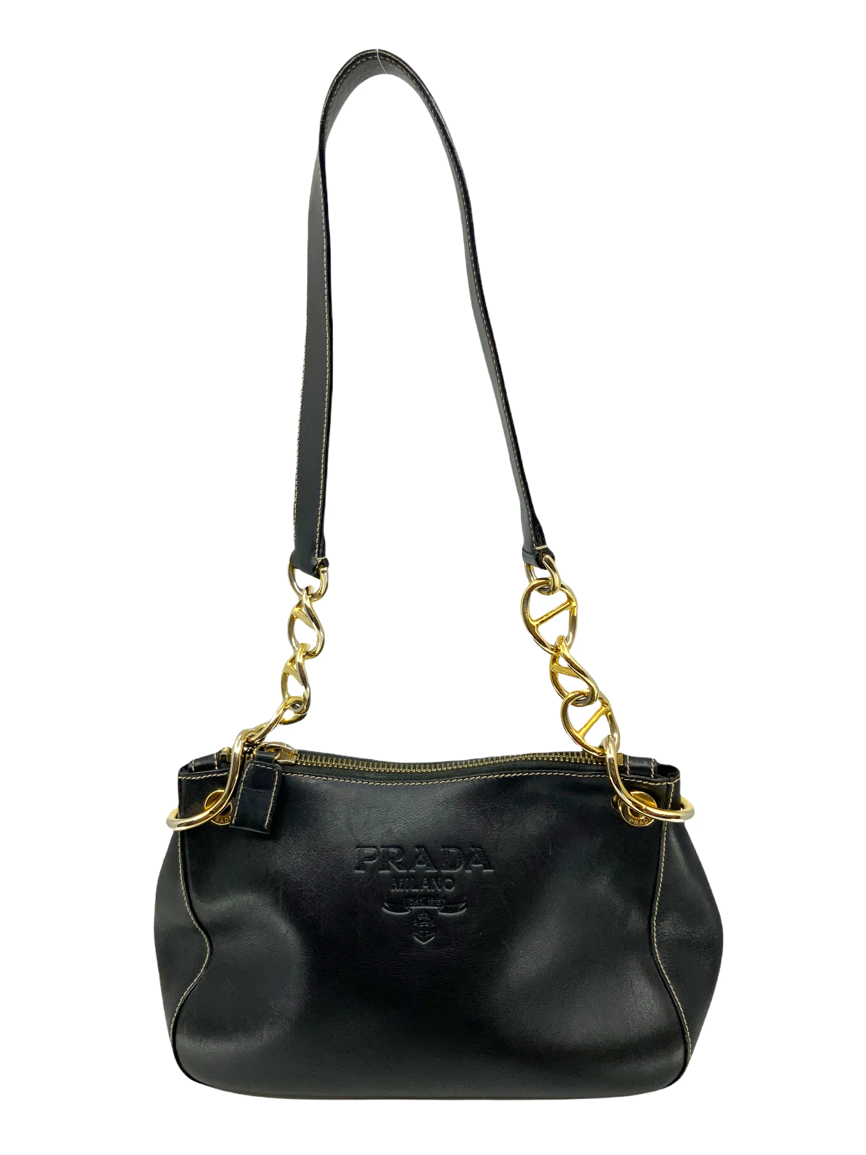 Prada Logo Embossed Leather Chain Link Shoulder Bag