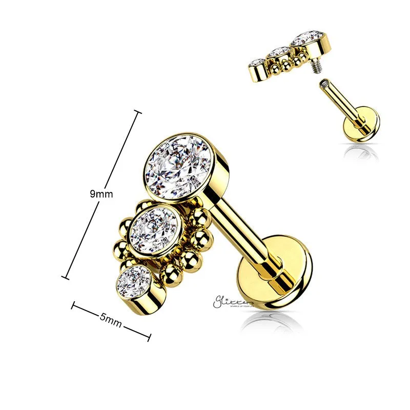 Triple CZ Top Flat Back Stud - Gold