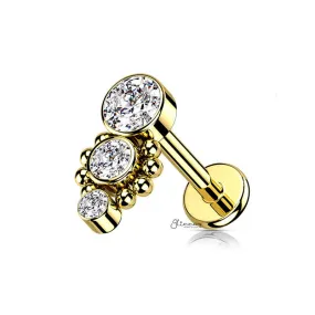 Triple CZ Top Flat Back Stud - Gold