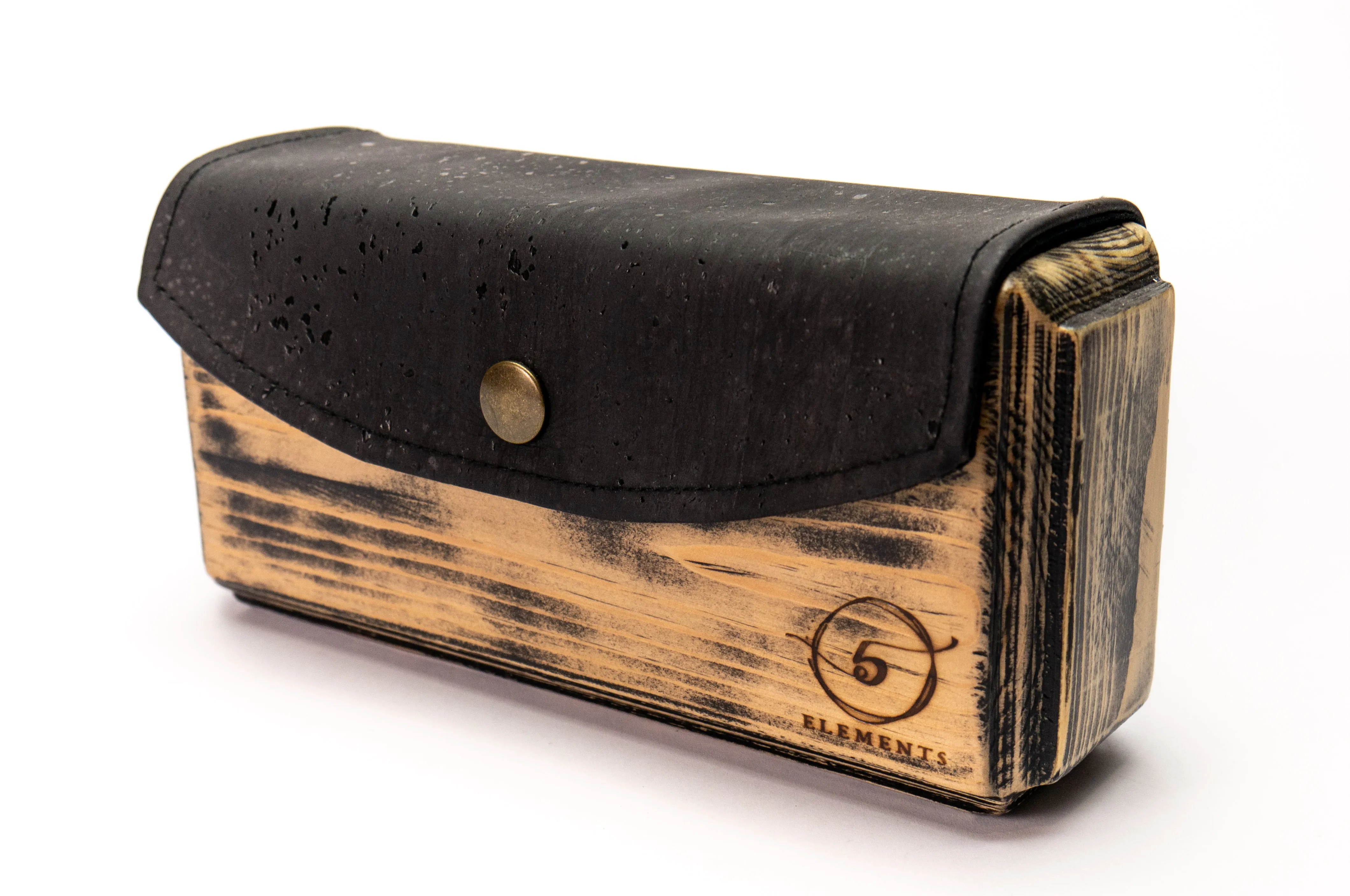 Wooden handmade clutch bag with black cork leather.