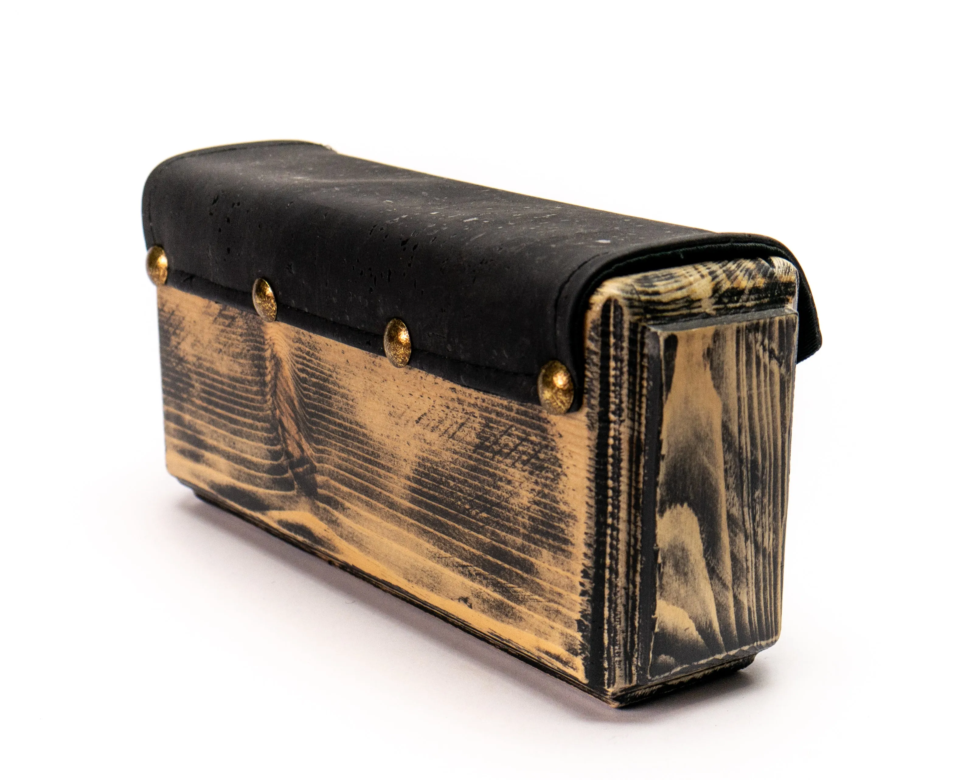 Wooden handmade clutch bag with black cork leather.