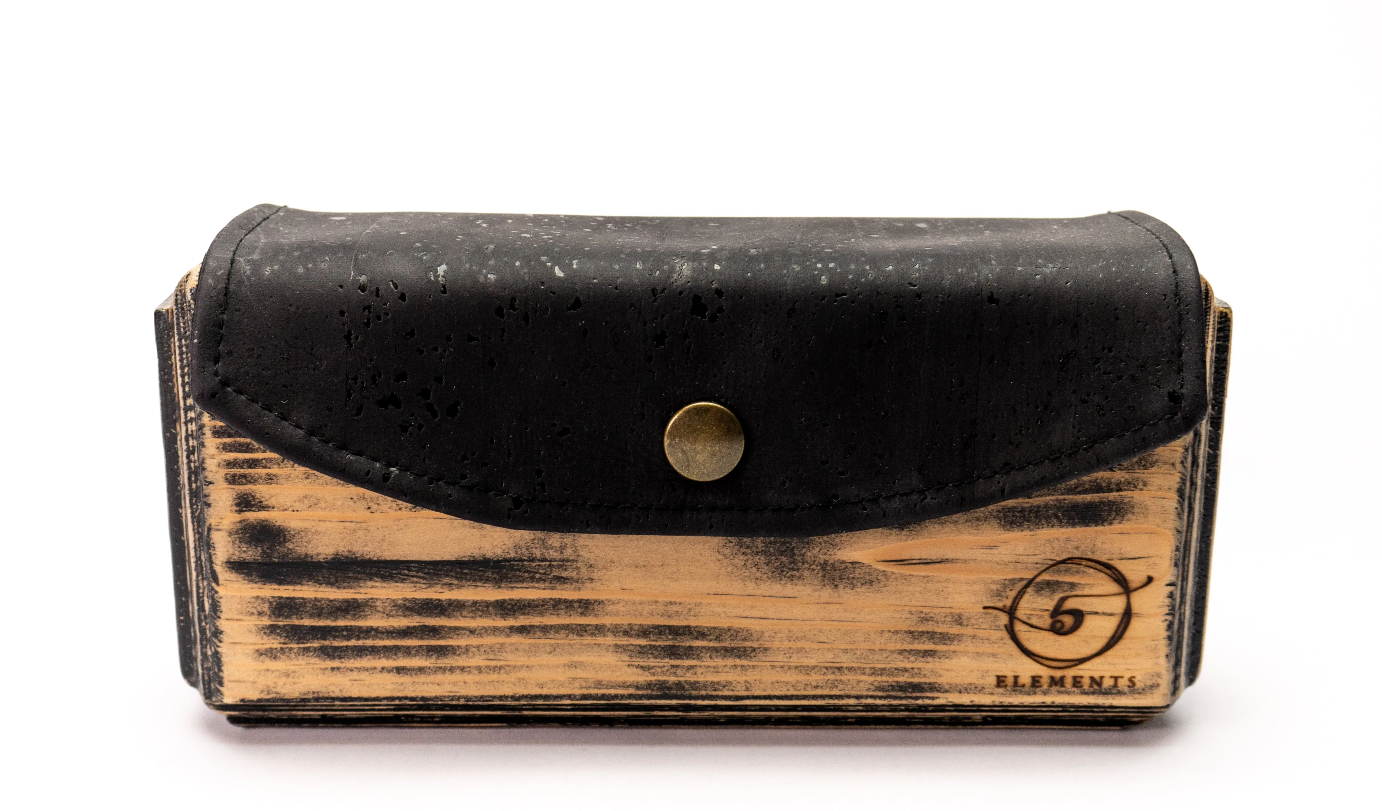 Wooden handmade clutch bag with black cork leather.